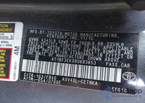 2011 Toyota Camry Le из США, поврежденный, VIN 4T1BF3EKXBU683853